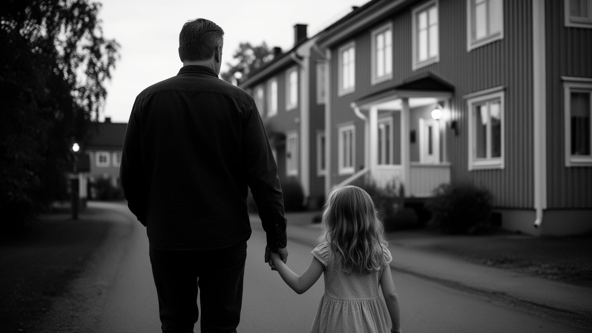 En far och dotter går tillsammans hem i skymningen
