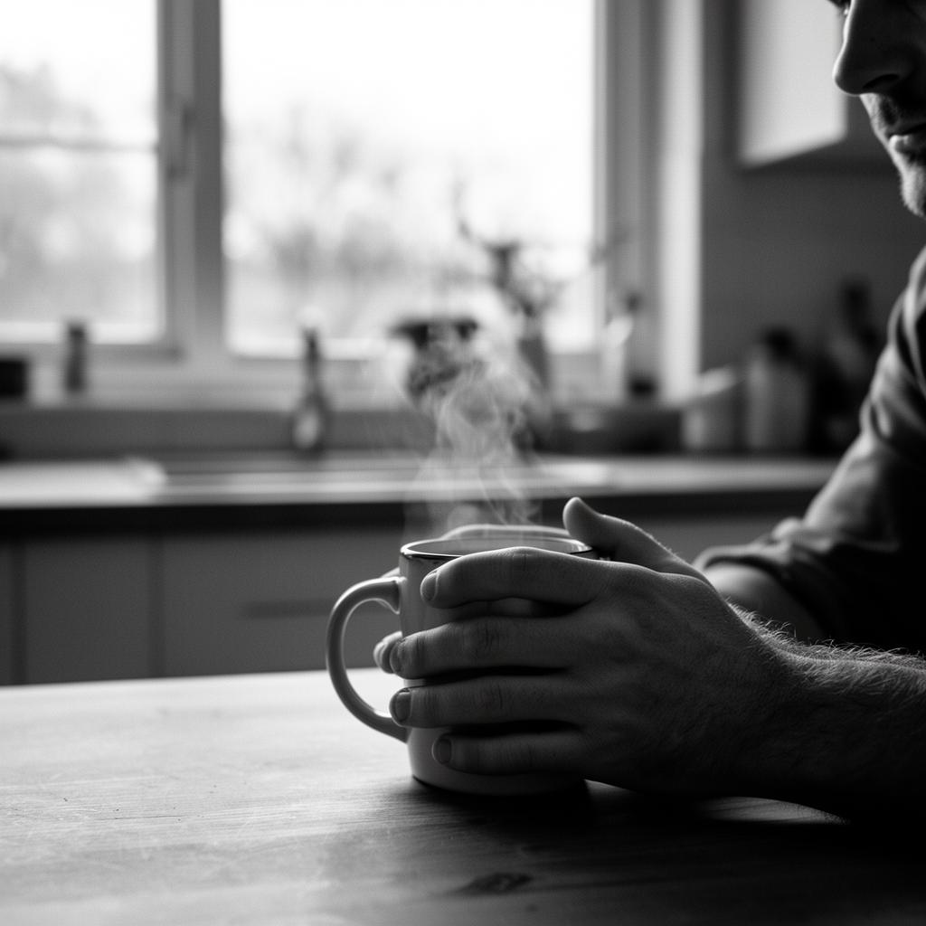 Stilla morgonljus över ett kaffe på köksbordet