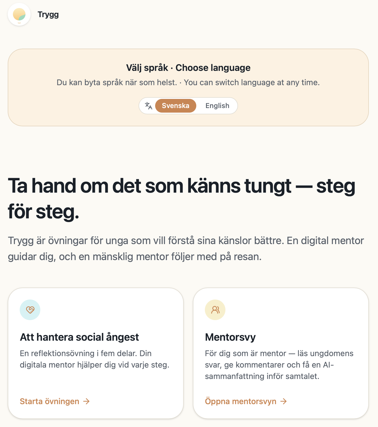 Exempel på startvy i ett KBT-baserat onlineverktyg — övningar och mentorsvy